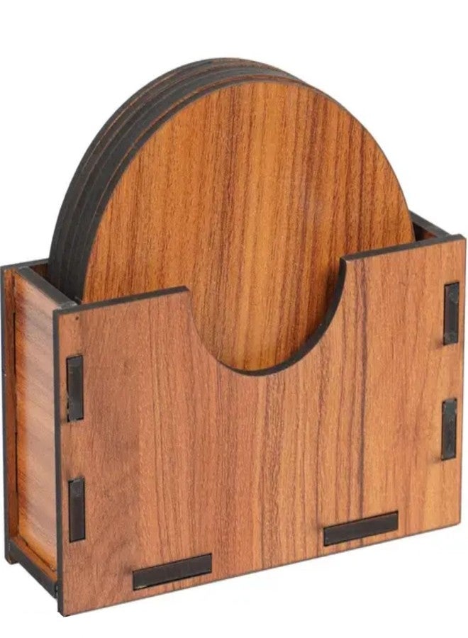 Aartor Wooden Coaster Set with Holder, 6 Round Coasters, 10 cm, Brown - Image 2